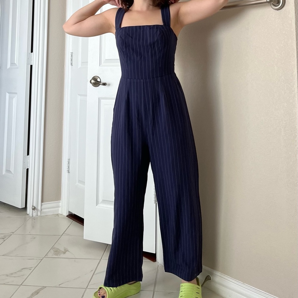 Commense square neck pinstripe sleeveless wide leg jumpsuit